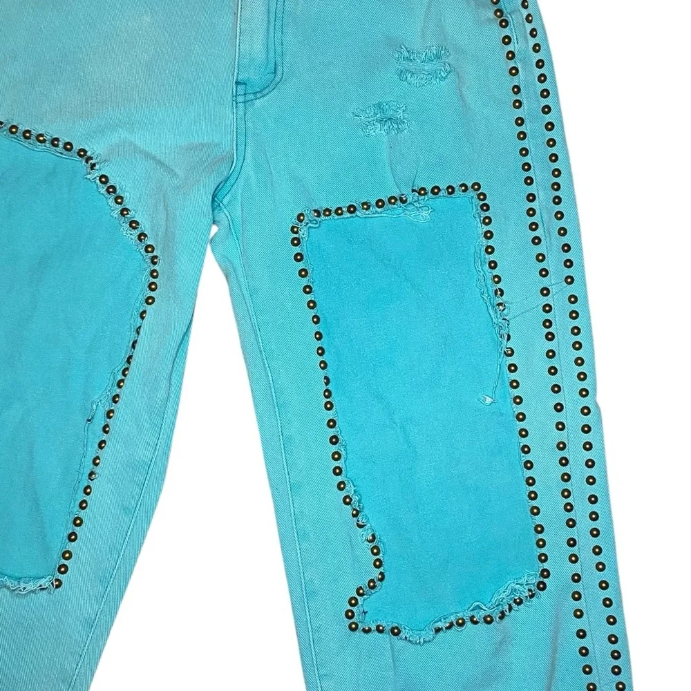 POL Turquoise Studded Cutout Jeans Medium Boho Festival Western Statement